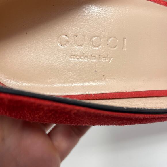 Gucci Marmont Interlocking GG Red Suede Leather Block Heel Fringe Pumps EU 37.5 - Picture 12 of 14